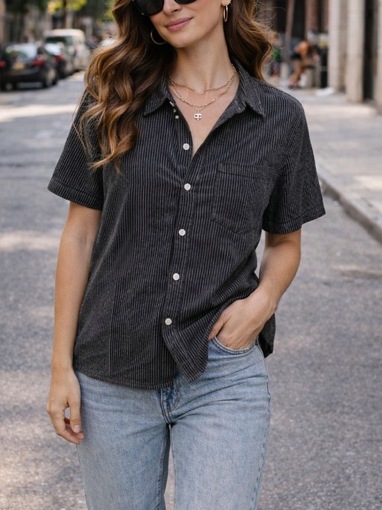 Alter Brooklyn Tops - Alter Brooklyn Striped Button Down Shirt | Short Sleeve Black White | Size XL